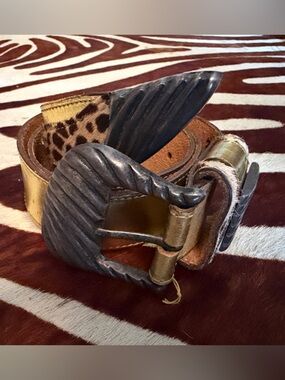 Vintage 80s Gold Leather Belt with Pony Hair animal Print with Metal Accents